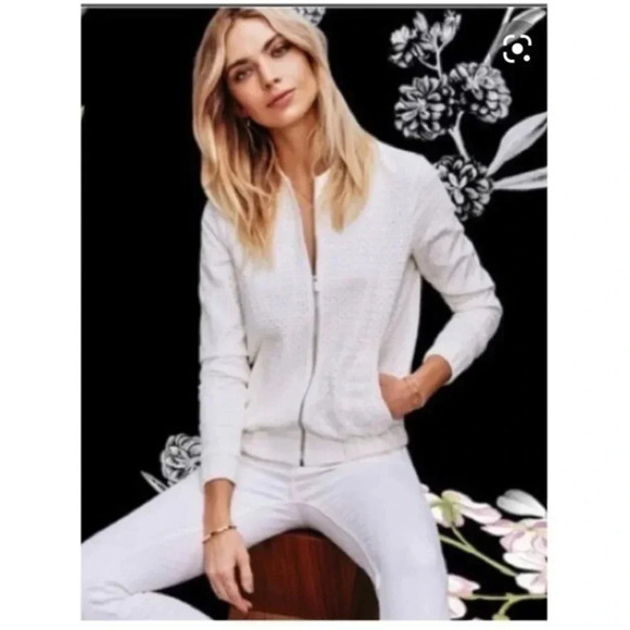 “I State” White Eyelet Crochet Bomber Jacket - Picture 1 of 9